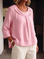 Asymmetrical Button Collar Linen Three-Quarter Sleeve Blouse