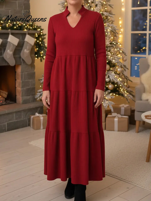 Women's Elegant V-Neck Multi-Layered Hem Knitted Dress