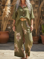 Button-down Top And Printed Wide-leg Trousers Linen Two-piece Set