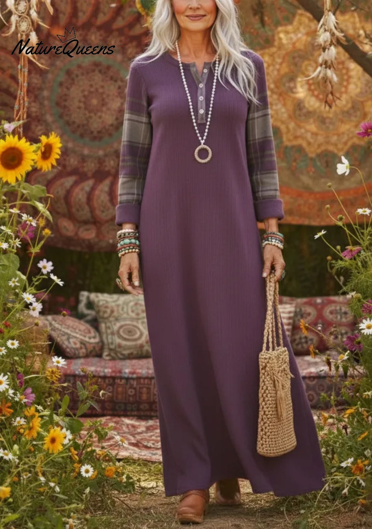 Cozy Henley Collar Sleeves Patchwork Plaid Knit Dress