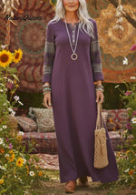 Cozy Henley Collar Sleeves Patchwork Plaid Knit Dress