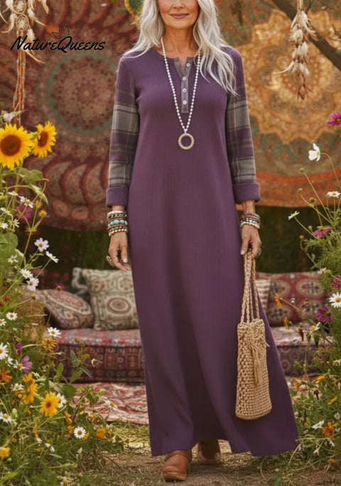 Cozy Henley Collar Sleeves Patchwork Plaid Knit Dress