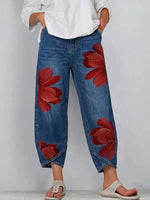 Casual Red Artistic Brushstroke Print Jeans