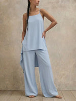 Women Light Blue Linen Blend 2 Piece Outfit, Spaghetti Strap Side Split Long Cami Top + High Waist Wide Leg Pants Casual Lounge Set