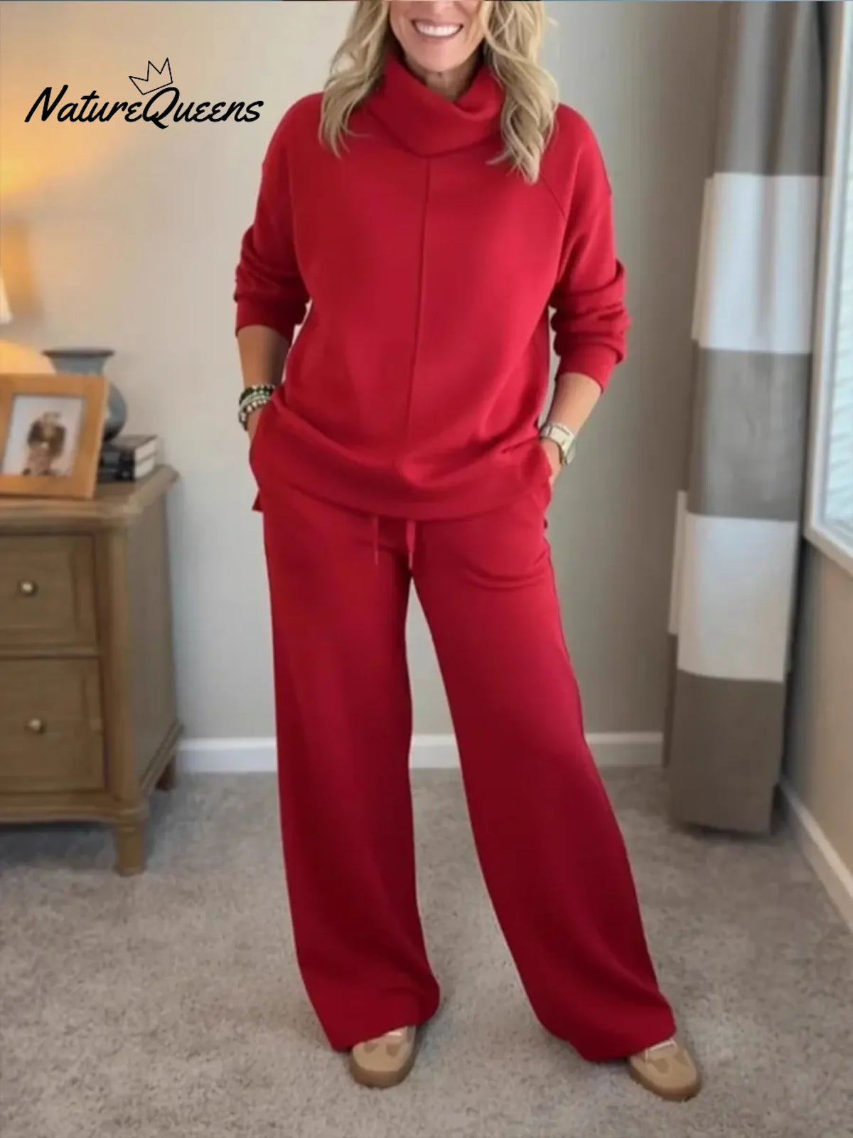 Women's Casual Turtleneck Cotton Sweatshirt And Pants Two-piece Set