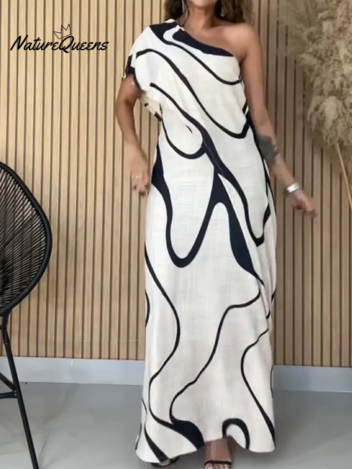 Women's Artistic Print Casual Resort Style One-shoulder Extra-long Cotton And Linen Dress