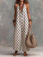 Women's Polka Dot Print V-neck Sleeveless Casual Loose-fit Cotton-linen Wide-leg Jumpsuit