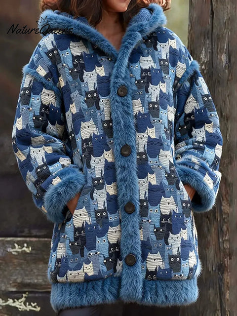 Women's Funny Cats Pattern Art Print Casual Fleece Coat