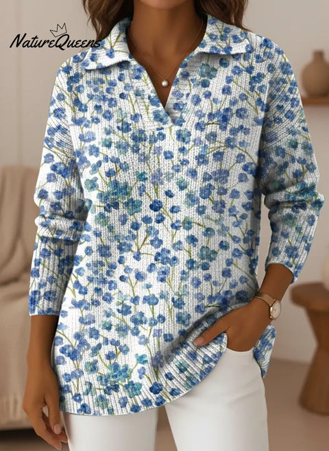 Women's Blue Little Flower V-neck Sweater