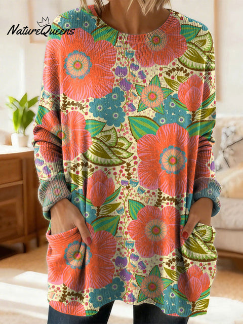 Women's Retro Floral Flower Ethnic Art Print Casual Cotton Knitted Sweater