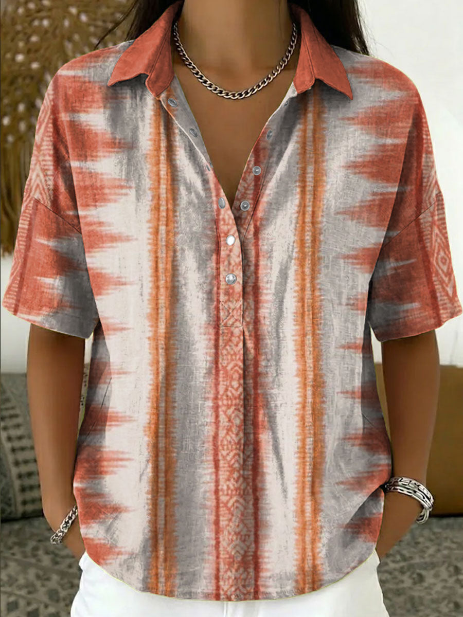 Women's Vintage Retro Geometric Patterns Casual Polo Collar Short-sleeved Linen And Cotton Shirt