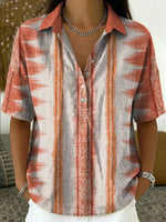 Women's Vintage Retro Geometric Patterns Casual Polo Collar Short-sleeved Linen And Cotton Shirt