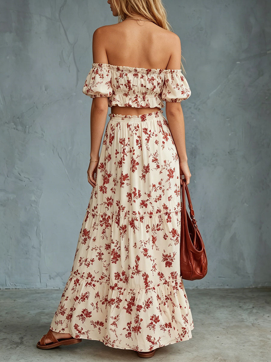 Women's Printed Off-white Short-sleeve Mesh Top With Tie Waist And Long Skirt Set