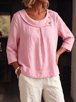 Breathable Cotton-linen Shirt With Soft-fold Neckline (lagenlook Style)