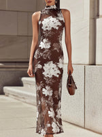 Women's Vintage-print Stand-collar Sleeveless Loose-fit Mesh Casual Dress