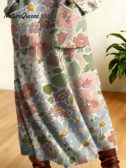 Women's Retro Floral Flowers High-neck Long-sleeve Casual Loose Knit Dress