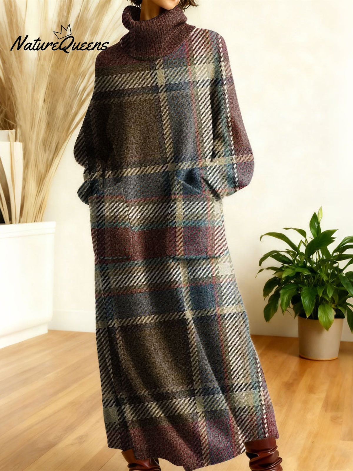 Women's Retro Colors And Plaid Patterns Art High-neck Long-sleeve Casual Loose Knit Dress