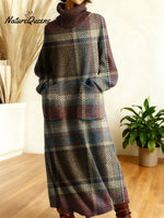 Women's Retro Colors And Plaid Patterns Art High-neck Long-sleeve Casual Loose Knit Dress