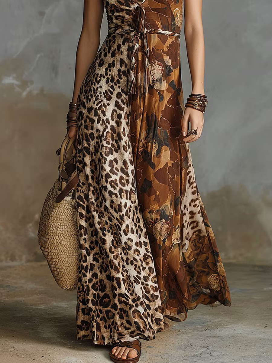 Leopard Print & Abstract Pattern Paneled Chiffon Maxi Dress