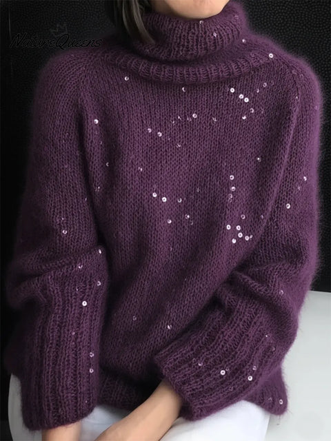 Dreamy High-neck Loose Sequined Sweater Top