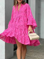 Women's Solid-color V-neck Loose-fit Dress With Embroidery And Cutout Lace