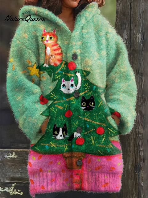 Women's Cute Christmas Cat Art Print Casual Plush Warm Coat