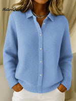 Women's Solid Color Shirt Collar Long Sleeve Waffle Knit Cardigan