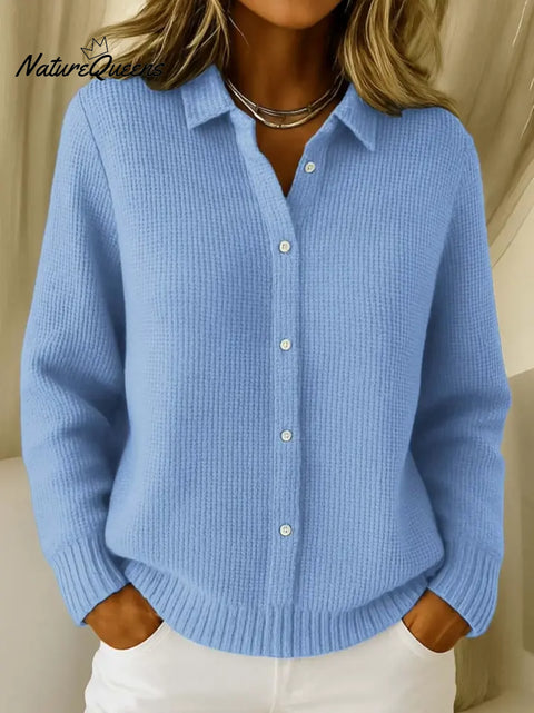 Women's Solid Color Shirt Collar Long Sleeve Waffle Knit Cardigan