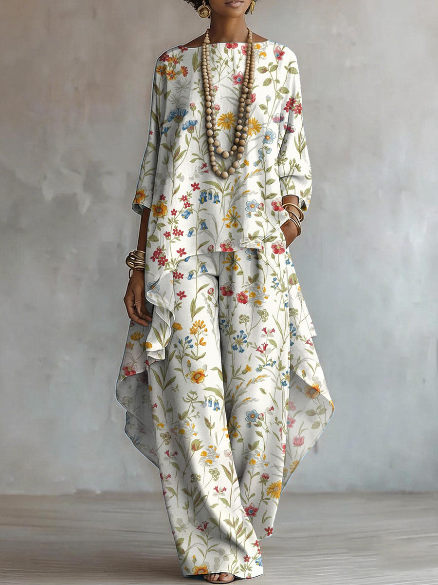 Elegant Retro Flowers Print Two-piece Set