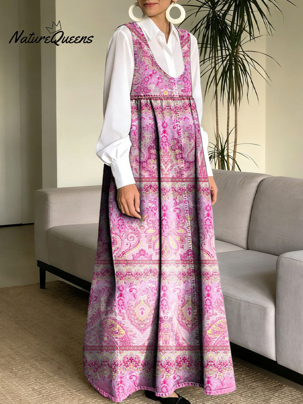 Women's Retro Splicing Colorful Flowers Pattern Art Print Casual Cotton Denim Dress