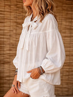 Women's Simple And Gentle Style Bow Cotton Linen Top