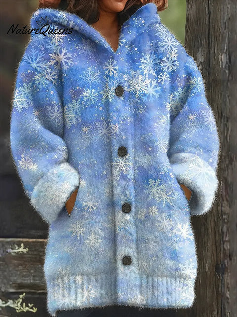 Blue Gradient Snowflake Printed Knit Hoodie