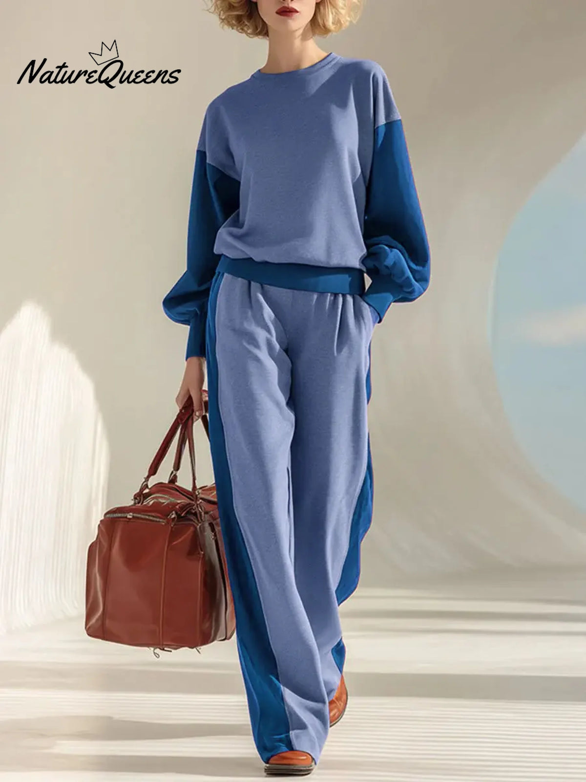 Women's Color Block Crew Neck Long Sleeve Casual Loose Sweatshirt High Waist Casual Wide Leg Pants Set