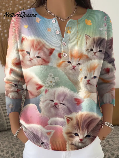 Women's Funny Cats Pattern Art Print Casual Cardigan Sweater