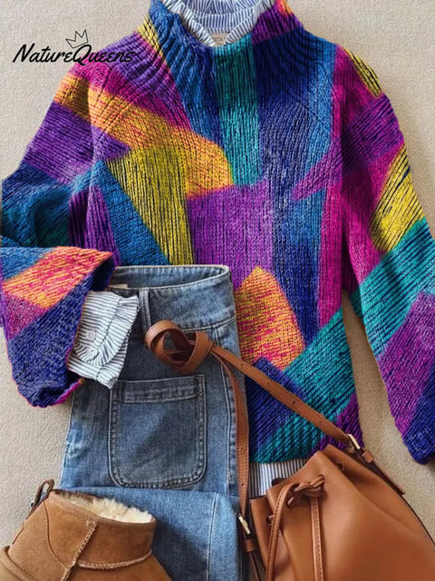 Women's Geometric Pattern Art Print Casual Turtleneck Sweater