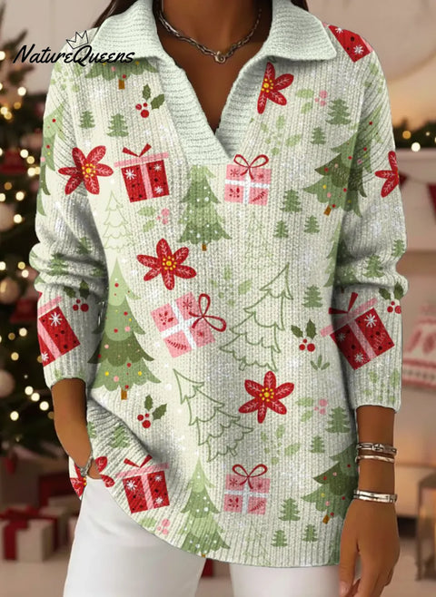 Women's Christmas Tree Pattern Art Print Casual Cotton Sweater