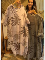 Casual Leaf Print Linen And Cotton Dress
