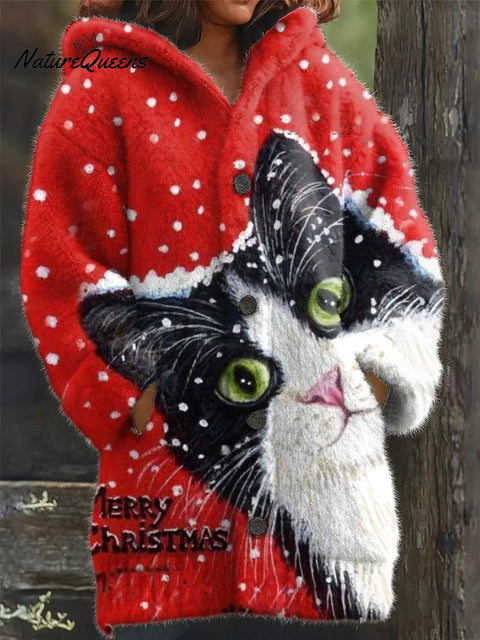 Women's Cute Christmas Cat Art Print Casual Plush Warm Coat