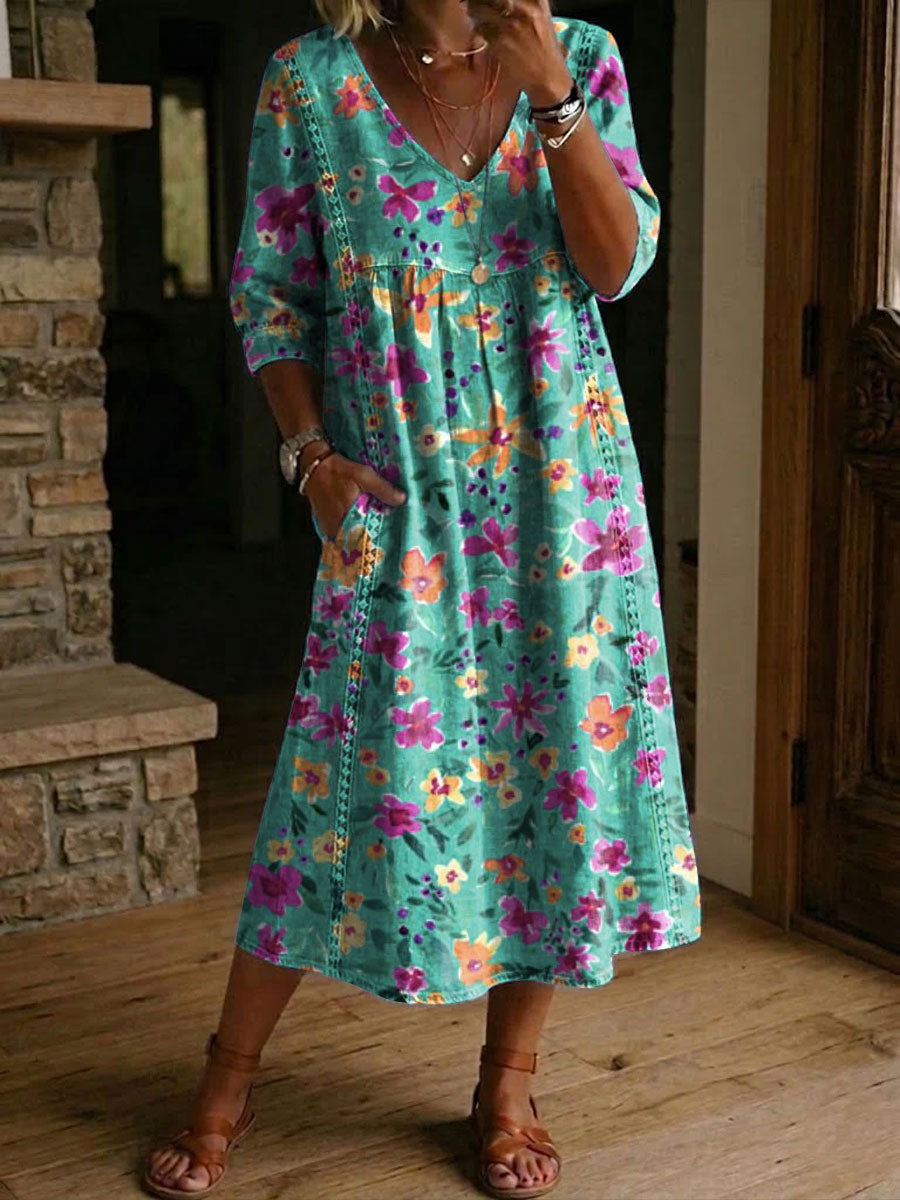 Women's Flower Print Casual Loose-fit Cotton-linen Dress With Lace Trim And Paneling