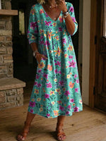 Women's Flower Print Casual Loose-fit Cotton-linen Dress With Lace Trim And Paneling