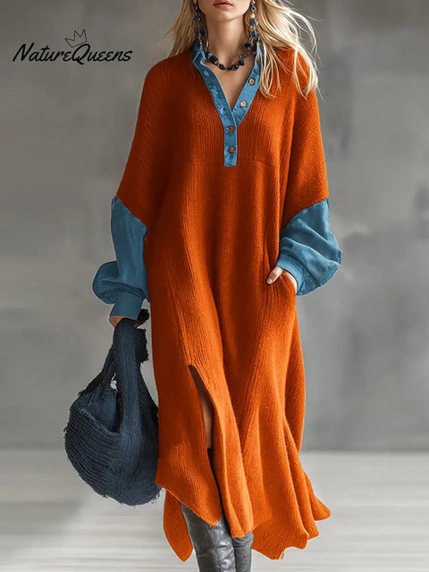 Women's Shirt Collar Long Sleeve Denim Stitching Casual Loose Knit Dress