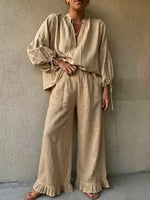 Women's Linen Ruffle Wide-leg Pants Suit