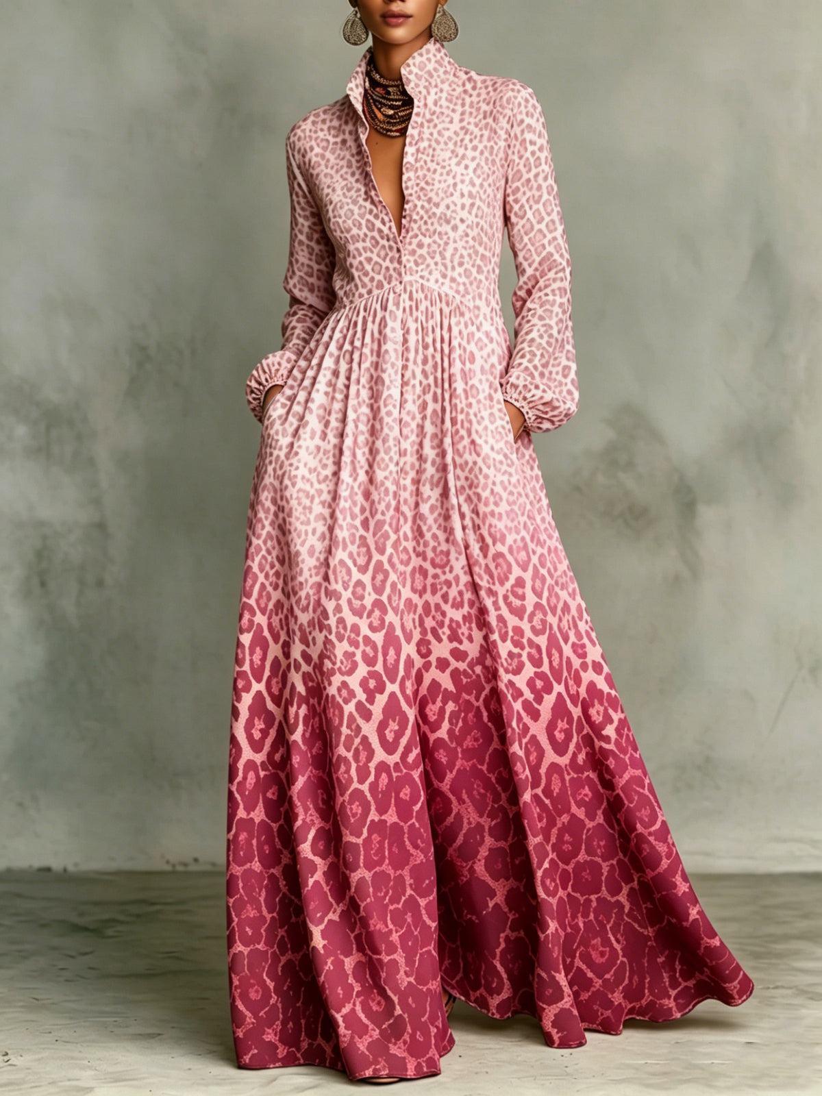 Gradient Leopard Print Stand Collar Button-down Maxi Shirt Dress