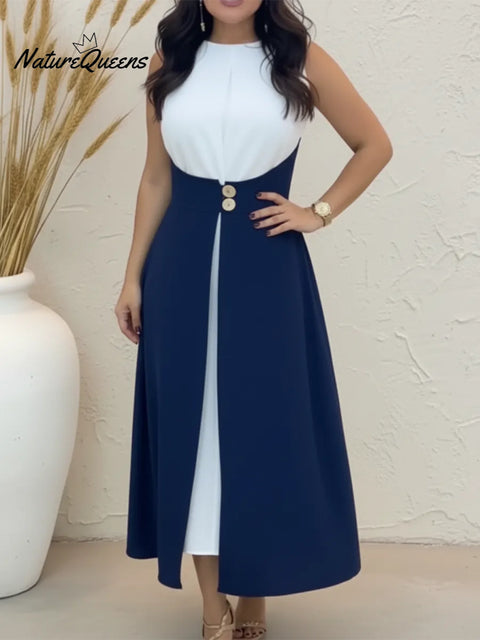 Elegant and fashionable fake two-piece color-blocked midi dress