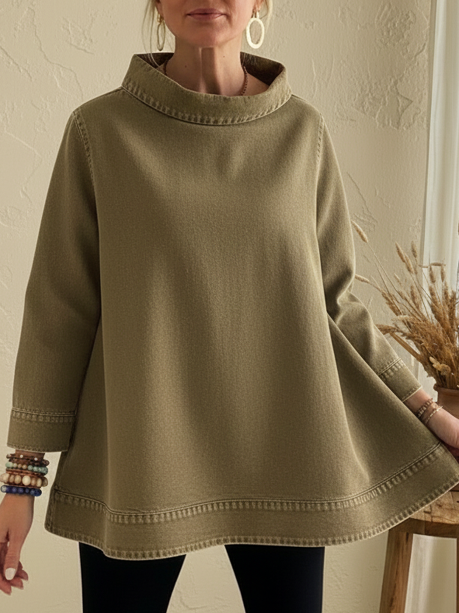 Elegant Mock Neck A-line Denim Cotton Top