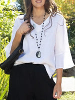 Women's Solid Color V-neck Three-quarter Length Ruffled Sleeve Casual Loose Cotton And Linen Top