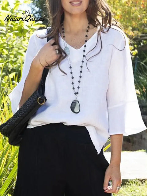 Women's Solid Color V-neck Three-quarter Length Ruffled Sleeve Casual Loose Cotton And Linen Top