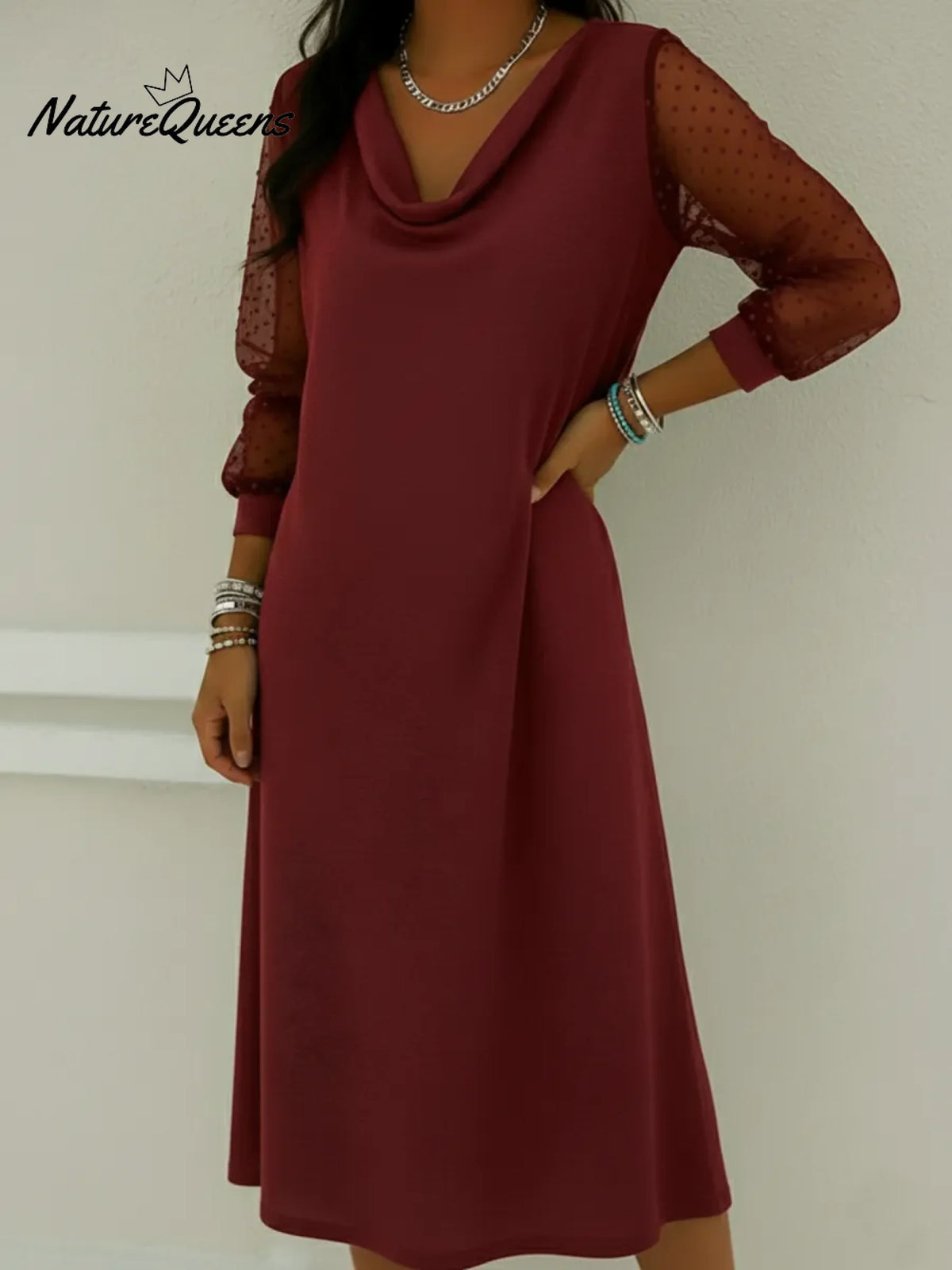 Vintage Cowl Neck Lantern Sleeve Midi Dress