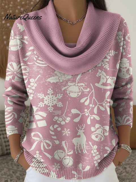 Women's Pink Christmas Elements Print Cowl Neck Sweater