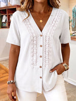 Women's Solid-color V-neck Short-sleeve Casual Loose Cotton-linen Top